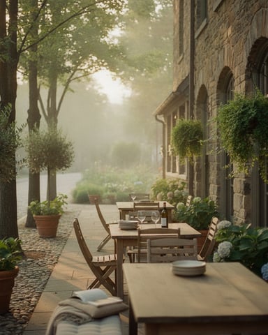 Misty European courtyard with stone building, outdoor dining tables, ivy-covered walls, and tree-lined alley