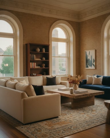 Spacious living room with cream and navy sofas, wooden coffee table, arched windows, and bookshelves overlooking urban street.