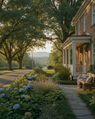 Brick house with covered porch, garden with blue hydrangeas, tree-lined driveway, and distant lake view