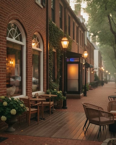 Brick courtyard with wooden deck, outdoor seating, lantern lighting, and ivy-covered building facades at dusk
