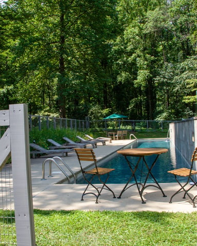 Pool area surrounded by dense green trees, with lounge chairs, small tables, and modern white architectural structures with a tall spire.