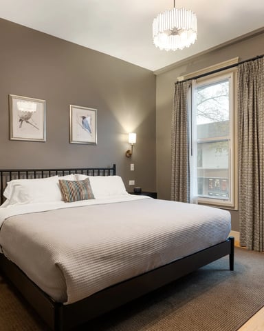 Modern bedroom with black bed, taupe walls, pendant light, bird artwork, and large windows with city views